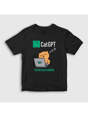 Presmono Unisex Çocuk Siyah Cat Gpt Komik Yapay Zeka Kedi Kedili T-Shirt