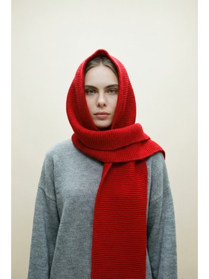 Kadın Kapüşonlu Kalın Triko Atkı – Kırmızı