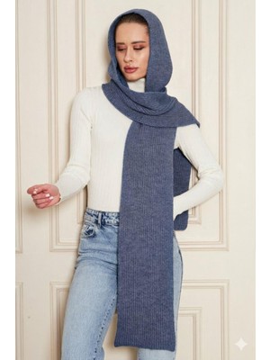 Irmak Kerekli Kadın Yumuşak Dokulu Kapşonlu Atkı Selanik Örgü Kapşonlu Şal 13038 Indigo
