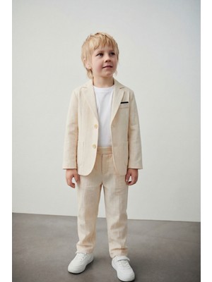 Magu Erkek Çocuk Ekru Çizgili Blazer Ceket Pantolon ve T Shirt Takım
