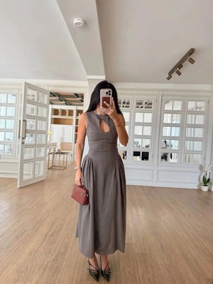 Mevese Kolsuz Uzun Kabardin Elbise - Gri -