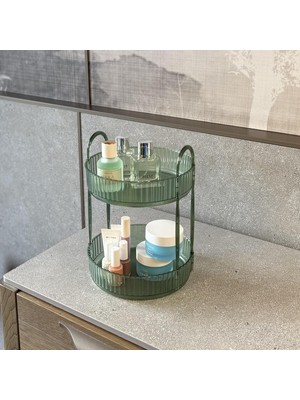Shop A Way 2 Katlı Makyaj Organizeri Kozmetik Aksesuar Düzenleyici Kozmetik Vitrini Yuvarlak (Zümrüt Yeşil)