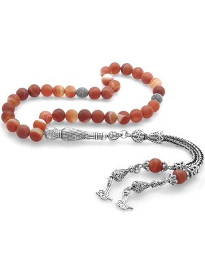 Shop A Way (Tesbihane) Kararmaz Metal Tuğra Püsküllü Küre Kesim Mat Kırmızı Akik Doğaltaş Tesbih