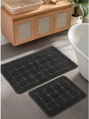 Konfor Halı Doğal Kaymaz Taban Banyo Paspas Seti Uzun Ömürlü Yumuşak Dokulu Su Emici Yıkanabilir Kareli Set 50X80-50X40