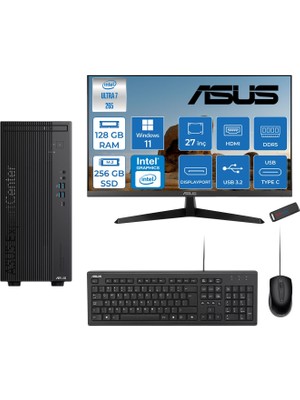 Asus Expertcenter B900MF Intel® Core™ Ultra 7 265 5.3ghz Aı 128GB Ddr5 256GB SSD Intel® Graphics 27"Mon120Hz  WIN11HOME Mini Tower Masaüstü Bilgisayar B900MFIHD27H36+ZETTAUSBBELLEK
