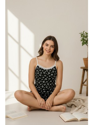 İmoda Gcm Kadın Siyah Kalp Desenli Askılı Şortlu Dantelli Pijama Takımı
