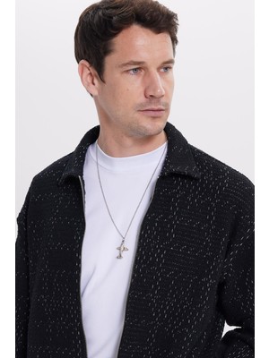 Tudors Erkek Relax Fit Rahat Kesim Fermuarlı Desenli Örme Siyah Ceket Gömlek