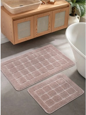 Konfor Halı Doğal Kaymaz Taban Banyo Paspas Seti Uzun Ömürlü Yumuşak Dokulu Su Emici Yıkanabilir Kareli Set 50X80-50X40