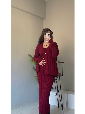 Zenti Butik Kadın Saç Örgü Detaylı Etek Hırka Crop Üçlü Triko Takım