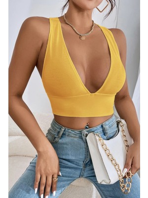 İmoda Kadın Sarı Çapraz Sırt Detaylı Crop Top Büstiyer Normal Kalıp Rahat Kumaş