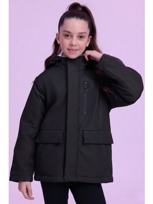 Gizrain Kız Çocuk Siyah Içi Kürklü Su ve Rüzgar Geçirmez Kapüşonlu Kışlık Mont Parka