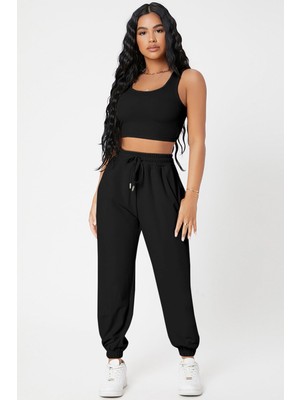 İmoda Gcm Kadın Siyah Kaşkorse Cepli Jogger Eşofman Altı ve Crop Top Bluz