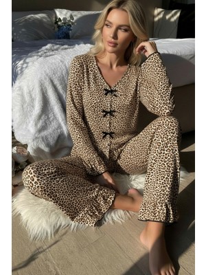 İmoda Kadın Uzun Kollu Leopar Desenli Fiyonklu Ev Giyim Pijama Takımı