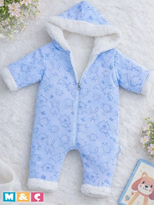 M.Ç Family Store Bebek Kalın Kışlık Fermuarlı Kapüşonlu Peluş Mor Tulum Thick Fleece Jumpsuit