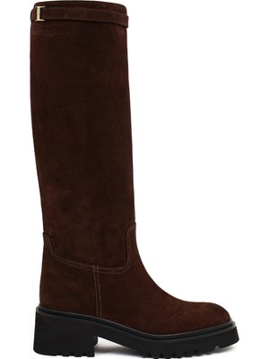 Derimod Kadın Kahverengi Fermuarlı Kalın Tabanlı Süet Deri Çizme 25WFD102010