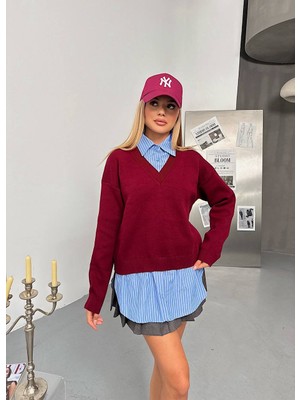 Kechi Woman Gömlek Detay Bordo Triko Kazak 2'Li