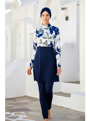Marina Tam Kapalı Tesettür Mayo Lacivert, Çiçek Desenli, Su İtici Apreli, Bel Stoperli 4 Parça Set 1972