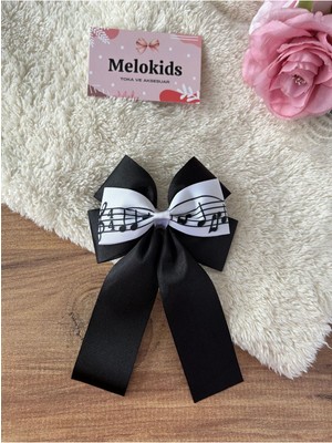 MELOKİDS Nota Desenli Büyük Boy Siyah Beyaz Kurdele Klipsli Toka