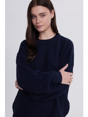 Tudors Kadın Oversize Geniş Kesim Örme Detaylı Bisiklet Yaka Lacivert Kazak