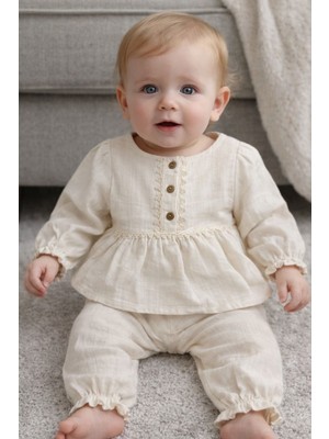 Baby Hola Bohem Tarz Müslin Kız Bebek Dantel Detaylı Bluz ve Büzgü Paça Ikili Set Takım Babyhola 2008