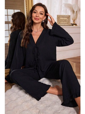 İmoda Gcm Kadın Siyah Önden Bağlamalı Kolu ve Paçası Fırfır Detaylı Uzun Kollu Pijama Takımı