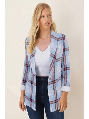 Armonika Kadın Mavi Beyaz Şal Yaka Kolları Garnili Tek Düğme Ceket ARM-26K001087