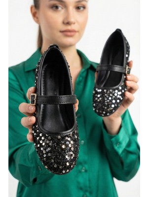 Nmoda Simli Gümüş Pullu Mary Jane Babet Şık Tokalı Ortopedik Taban Günlük Ayakkabı