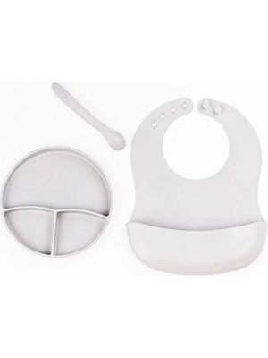 Moresun Buğz Gri 3’lü Silikon Yemek Seti – Önlük + Diş Kaşıyıcılı Kaşık + Vakumlu Tabak