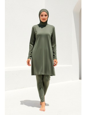 Marina Tam Kapalı Tesettür Mayo Haki, Su İtici Apreli, Likralı Mayo Takımı 1969