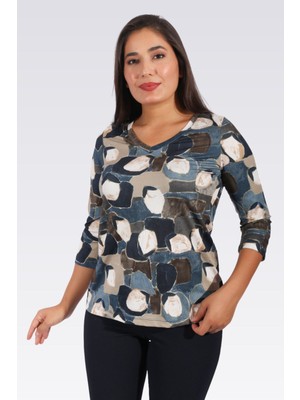 Tolga Saraçoglu 10387 Mavi V Yaka Truvakar Kol Desenli Örme Bluz