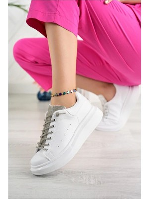 Erceka Taşlı Günlük Kullanıma Uygun Kadın Spor Ayakkabı Sneaker – Bağcıklı, Su Geçirmez (Siyah-Beyaz-Mavi)