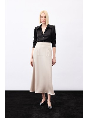 Sateen Yüksek Bel Saten Etek - Vizon