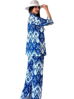 Zemira Alt Üst Takım Kimono- Desenli-Mavi