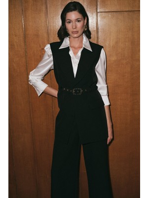 Sateen Kemer Detaylı Yelek - Siyah