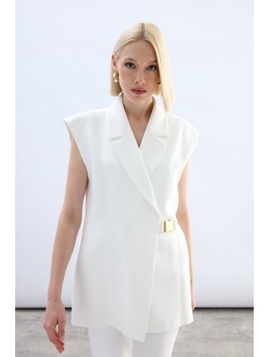 Sateen Yan Kemerli Uzun Yelek - Ekru