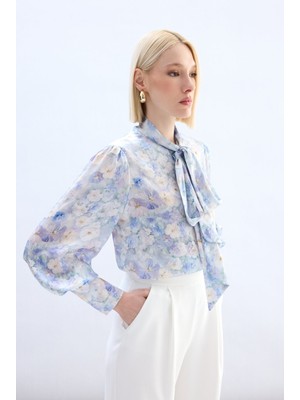 Sateen Çiçek Desenli Fularlı Gömlek - Lila