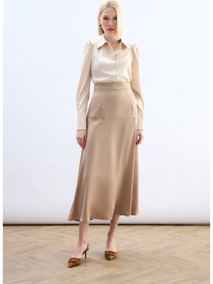 Sateen Yüksek Bel Saten Etek - Bej