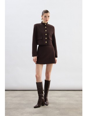 Sateen Kısa Şort Etek - Kahve