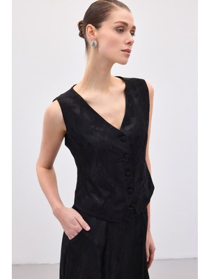 Sateen Jakarlı Yelek - Siyah