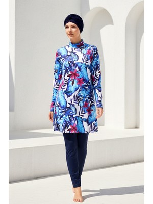 Marina Tam Kapalı Tesettür Mayo Lacivert, Yaprak Desenli, Likralı Örme Kumaş, 4 Parça Set 1965