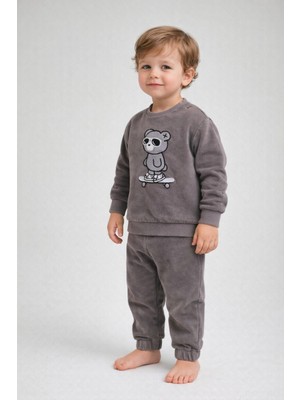 Dinamik çocuk Erkek Bebek Esnek Kot 2li Alt Üst Takım Kaykaycı Ayıcık Baskılı Sweatshirt Eşofman Takımı 6-9-12-18-24AYLIK