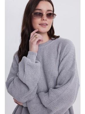 Tudors Kadın Oversize Geniş Kesim Örme Detaylı Bisiklet Yaka Gri Kazak