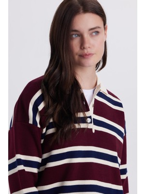 Tudors Kadın Regular Fit Klasik Kesim Çizgili Polo Yaka Bordo Kazak
