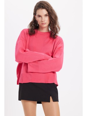 Tudors Kadın Oversize Geniş Kesim Bisiklet Yaka Fuşya Kazak