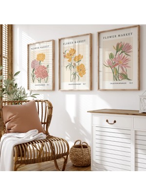 Pam Studio 3’lü Botanik Çiçek Tablo Seti | Flower Market Posterleri | Estetik Duvar Dekorasyonu