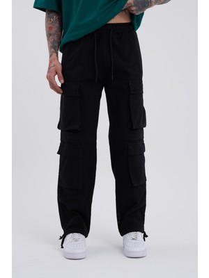 Machinist Erkek Baggy Kargo Jean Pantolon Siyah