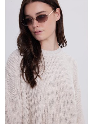 Tudors Kadın Oversize Geniş Kesim Örme Detaylı Bisiklet Yaka Bej Kazak