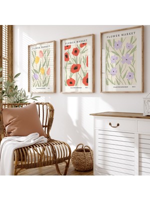 Pam Studio Flower Market Çiçek Poster Seti – Lale, Gelincik ve Mor Çiçek Desenli 3’lü Dekoratif Tablo