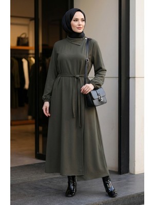 Düğme Detaylı Kolu Lastikli Kuşaklı Ferace 2212-01 Haki