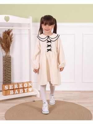 Kidello Ekru Çift Yakalı Müslin Uzun Kollu Kız Çocuk Elbisesi | Fiyonklu Pamuklu ve Şık Tasarım